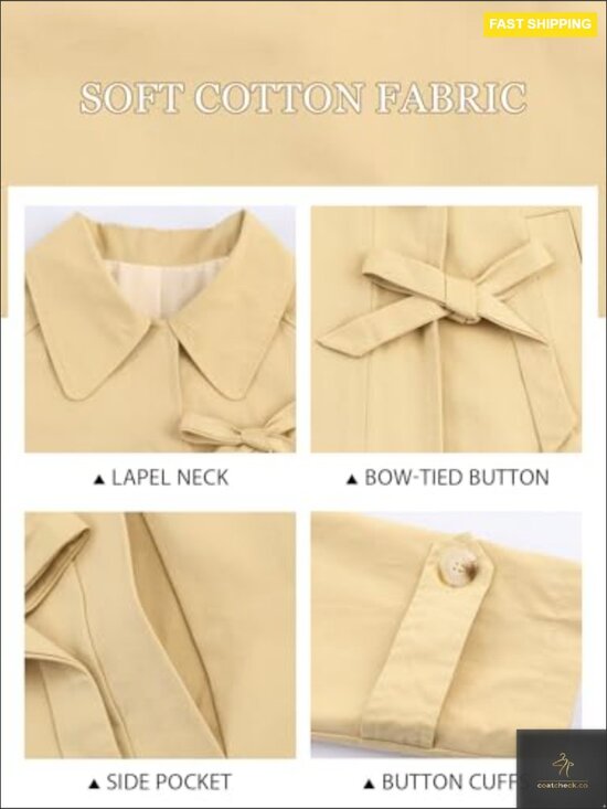 Oversized Trench Coat Classic Chic Lightweight Cotton Peacoat Bow Toggle - Picture 5 of 7